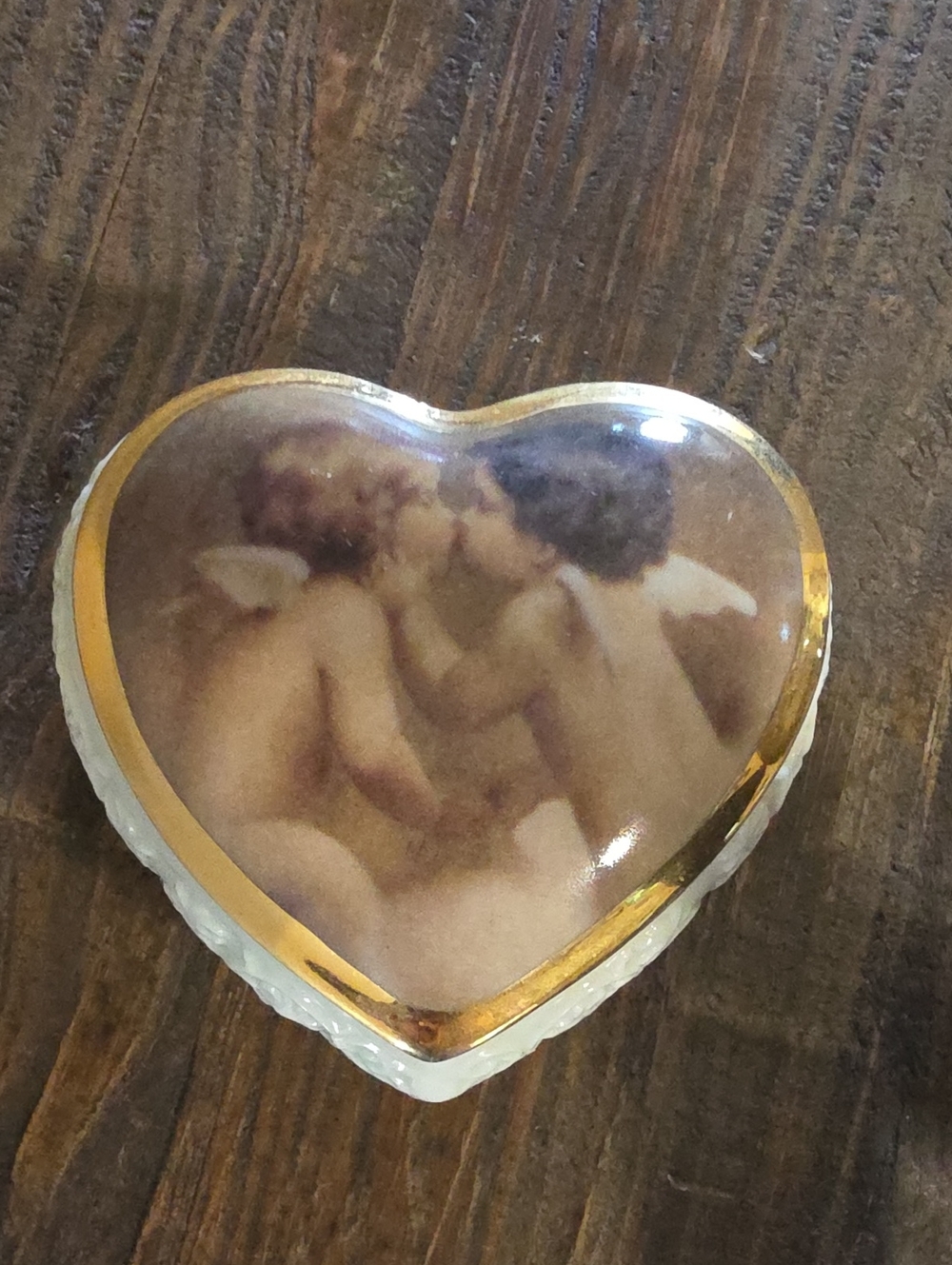 Heart-Shaped Glass Trinket Box with Cherub Artwork in Gold and Cream